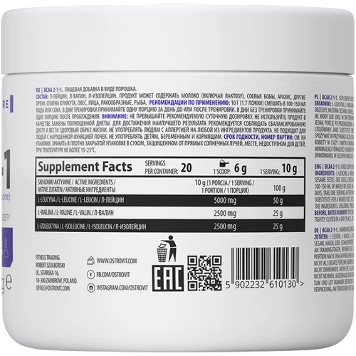 Аминокислота для спорта OstroVit BCAA 2-1-1 200 g /20 servings/ Pure: Тип BCAA