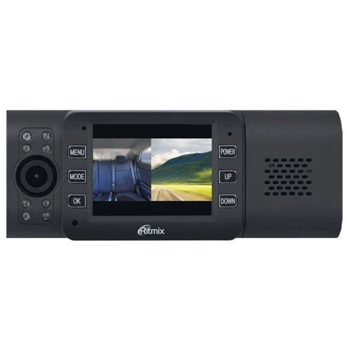 Ritmix AVR-695: Оснащение аккумулятор, вторая камера (салон, задний обзор), дисплей, инфракрасная подсветка (ночная сьемка), м