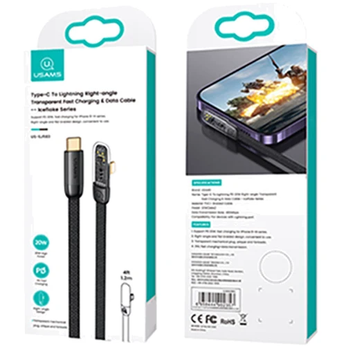 Кабель Usams Cable USB-C to Lightning Right-Angle PD 20W 2m Black (US-SJ586) фото 5