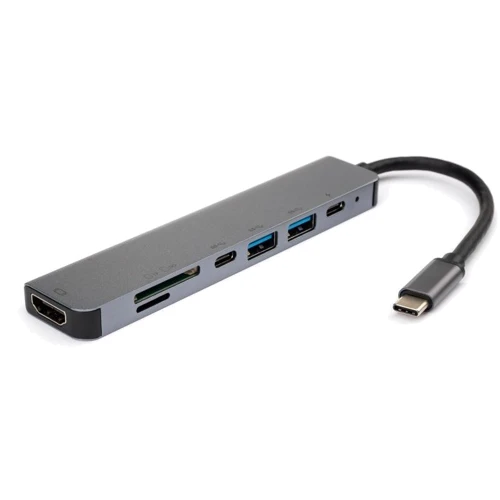Адаптер Vinga Adapter USB-C to 2xUSB-C + HDMI + 2xUSB + SD / TF Grey (VCPHTC7AL)