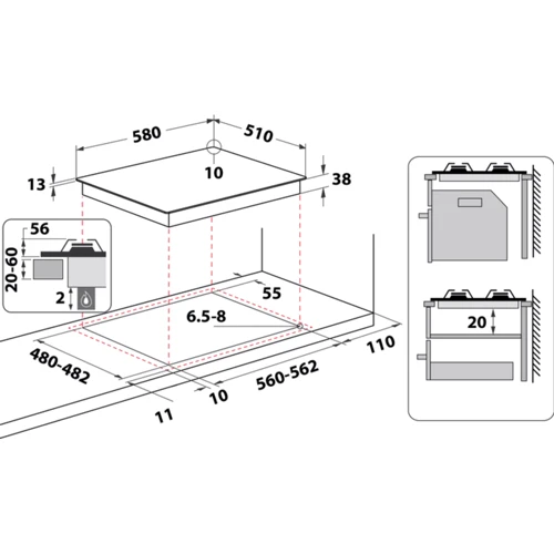 Варочная поверхность Whirlpool TGML 661 IX R: Размеры для встраивания 3.8x56x48 см