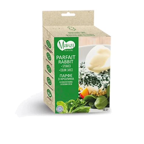 Лакомство для собак от 3-х месяцев Mavsy freeze dried rabbit parfait on a spinach pillow with cream Парфе из кролика на шпинатной подушке со сливочным соусом 50 г (FDMAVSY01)