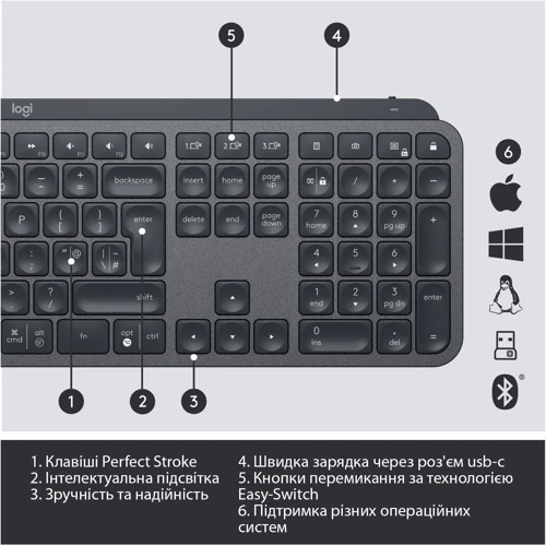 Клавиатура Logitech MX Keys Advanced for Business Wireless Illuminated UA Graphite (920-010251) фото 9