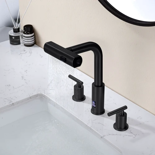 Смеситель для раковины Lefton Two-Handle Widespread Waterfall & Pull-Out Bathroom Faucet with Temperature Display-BFWS2401 Matt Black: Материал Латунь