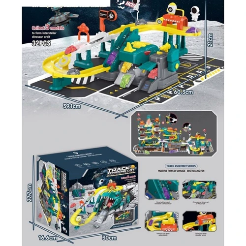 Гараж 2-этажный, 32 детали, динозавр, машинки (388-590)