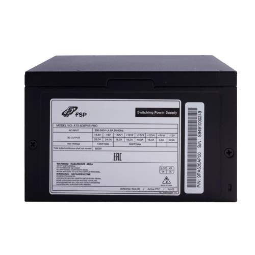 Блок питания FSP 600W (ATX-600PNR PRO): Модульные (съемные) кабеля отсутствует