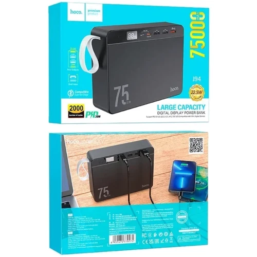 Зовнішній акумулятор Hoco Power Bank 75000mAh J94 Overlord PD 20W 22.5W Black: Ємність батареї, мАг 75000