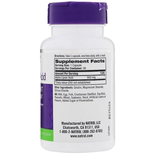 Natrol Alpha Lipoic Acid 600 mg Альфа-липоевая кислота 30 капсул: Вид Ферментные