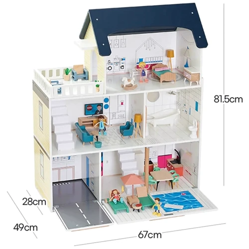 Деревянный трехэтажный кукольный домик с мебелью и фигурками (TX0091)