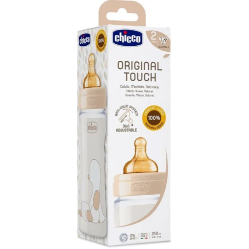 Пляшка для годування пластикова Chicco Original Touch з латексної соскою 2м + 250 мл Бежева (27624.30): Матеріал пластик