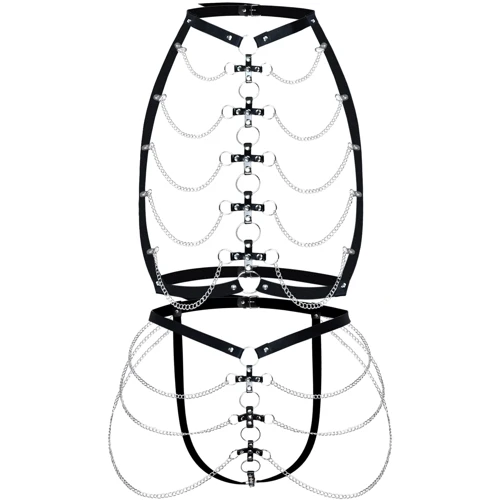 Набор портупея + трусики из кожи с цепочками Art of Sex - Cross Black, XS-M