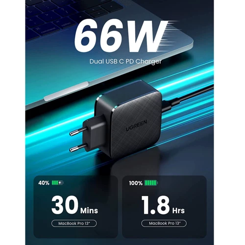 Зарядное устройство Ugreen Wall Charger 2хUSB-C CD216 66W Black (70867): Особенности Power Delivery (PD), USB-C, Быстрая зарядка