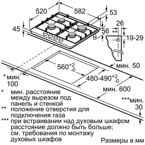 Варильна поверхня газова Bosch PGP6B5O90R: Розташування панелі фронтальне