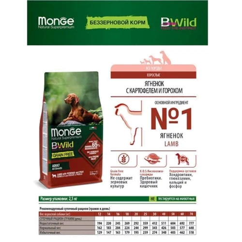 Сухой корм беззерновой Monge Dog Bwild Grain Free для собак с ягненком 2.5 кг (70011723): Тип Сухой корм