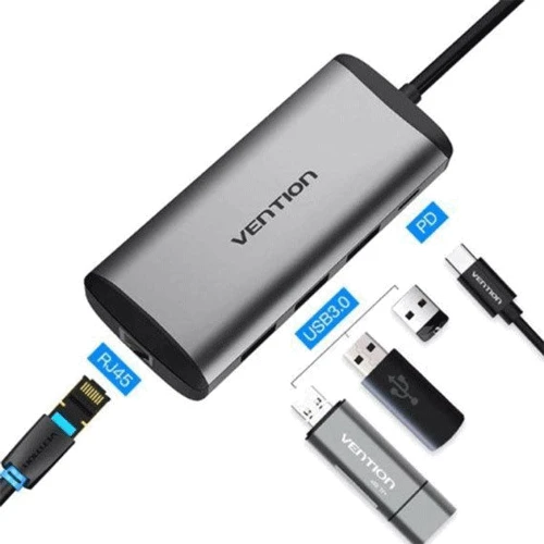 Адаптер Vention Adapter USB-C to 3xUSB3.0+MicroUSB+RJ45 Black (TGPBB): Колір серебристый