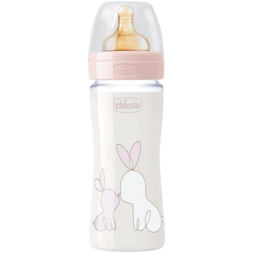 Бутылочка для кормления стеклянная Chicco Original Touch с латексной соской 0м+ 240 мл Розовая (27720.10): Материал стекло