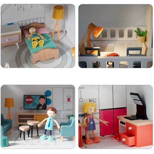 Деревянный трехэтажный кукольный домик с мебелью и фигурками (TX0091)