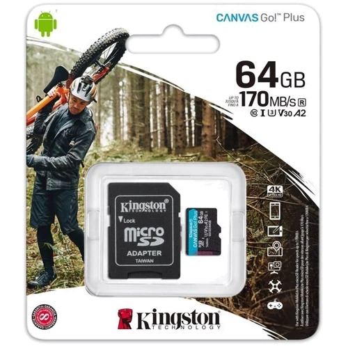 Карта пам'яті Kingston 64GB microSDXC Class 10 UHS-I U3 V30 A2 Canvas Go Plus + adapter (SDCG3/64GB): Обсяг 64 ГБ