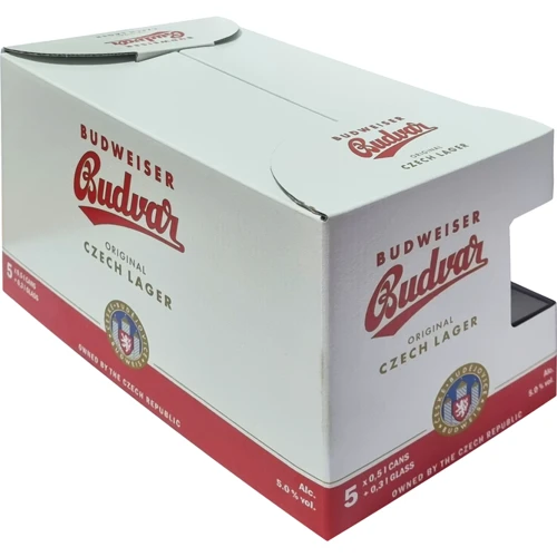 Подарочный набор пива Budweiser Budvar Original Czech Lager 5% 5х0.5 л + бокал 0.3 л (8594403706376): Объем, л 2.5