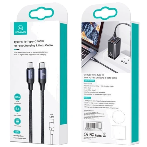 Кабель Usams Cable USB-C to USB-C PD 100W 2m Black (US-SJ525) фото 5