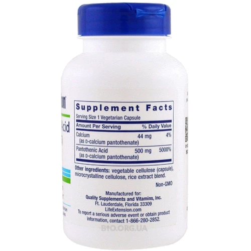 Life Extension Pantothenic Acid (Vitamin B-5) 500 mg 100 Veggie Caps Пантотеновакислота: Тип вітамін B