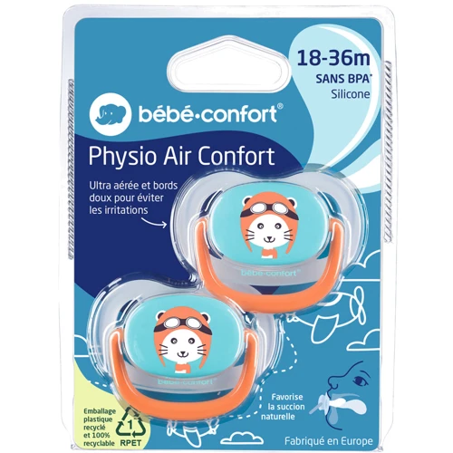 Пустушка Bebe Confort Physio Air силіконова, 2 шт, 18/36 міс синя з помаранчевим (3104201790): Вік старше 18 месяцев