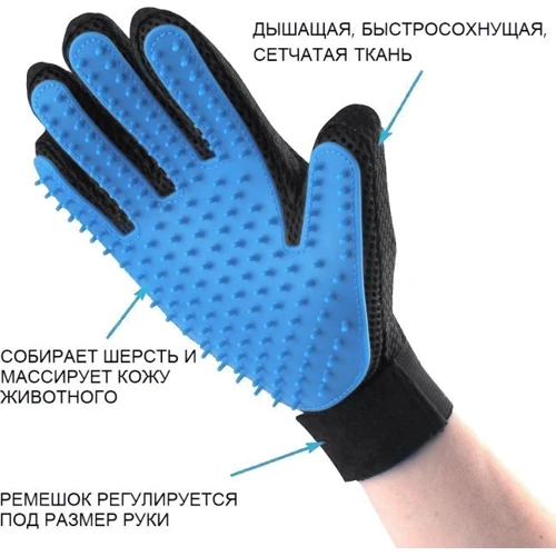 Рукавичка True Touch для вичісування шерсті тварин права блакитна (tel-2389): Порода Все породы