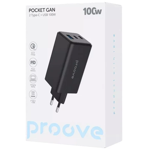 Зарядное устройство Proove Wall Charger 2xUSB-C+USB Pocket GaN Max 100W Black (WCPG10012201): Кабель в комплекте отсутствует