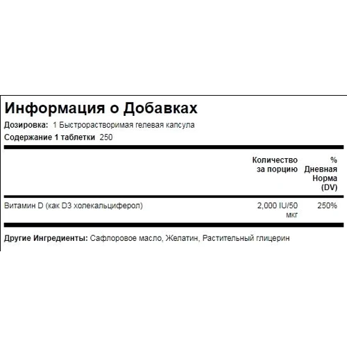 Piping Rock High Potency Vitamin D3 2000 IU 250 Softgels Высокоэффективный комплекс витамина D3: Тип Витамин D