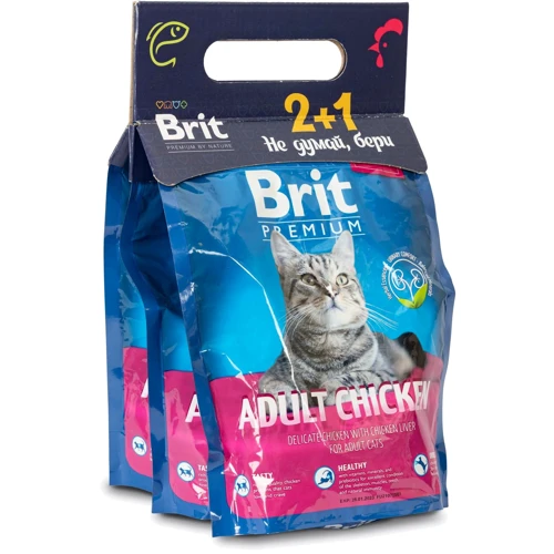 Сухий корм Brit Premium Cat Adult Chicken для дорослих кішок з куркою 300 г копакінг 2+1 (VAFO_020685)