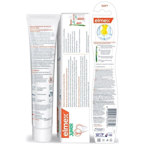 Elmex Junior Зубная паста 75мл + Зубная щетка Elmex для детей мягкая: Назначение Укрепление эмали, Комплексная защита, Для молочных зубов, От зубного налета