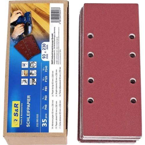 Бумага шлифовальная S&R P40/60/80/120/240 на Velcro основе 93х230 мм 35 шт (232093035)