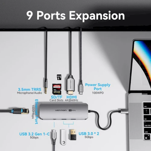 Адаптер Vention Adapter USB-C to RJ45+2xUSB3.0+SD/TF+USB-C+HDMI+3.5mm+PD 100W (TQMHB): Інтерфейс підключення USB-C