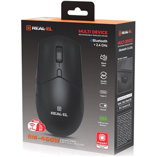Мышь REAL-EL RM-460 W Black (EL123200048): Интерфейс подключения Bluetooth, Wireless