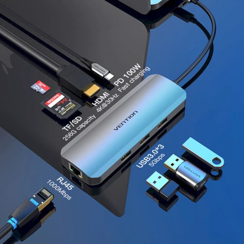 Адаптер Vention Adapter USB-C to HDMI+3xUSB3.0+RJ45+SD/TF+PD 100W (TOKHB): Колір серебристый