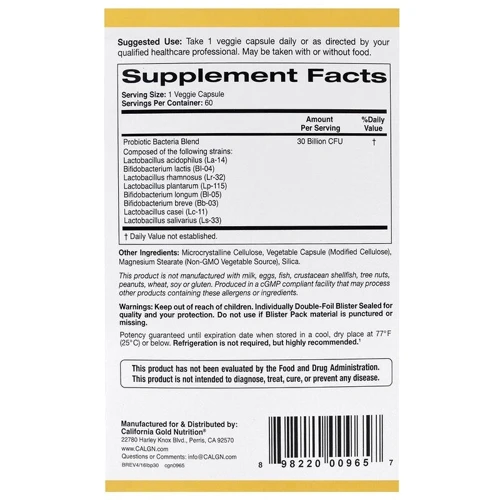 California Gold Nutrition, LactoBif Probiotics, 30 Billion CFU, 60 Veggie Capsules (CGN00965)