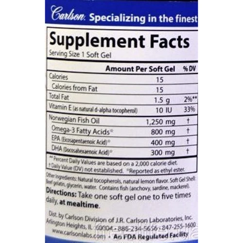 Carlson Labs Elite Omega-3 Gems 1250 mg 60 Soft Gels Lemon Омега-3: Тип Омега 3