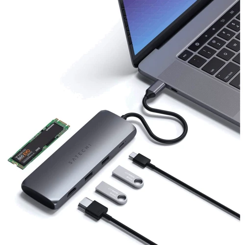 Адаптер Satechi Adapter Aluminum USB-C to USB-C+2xUSB+HDMI+SSD карман Space Gray (ST-UCHSEM): Дополнительные разъемы HDMI, USB OTG, USB-C