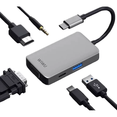 Адаптер WIWU Adapter Alpha 513HVP USB-C to USB3.0+USB-C+VGA+HDMI+3.5mm Grey: Интерфейс подключения USB-C