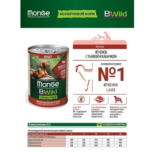 Влажный корм для собак Monge Dog Wet Bwild Grain Free Adult ягненок тыква цукини 400 г (70012614): Класс Холистик