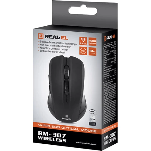 Мышь REAL-EL RM-307 Wireless Black: Максимальное разрешение сенсора, dpi 1600