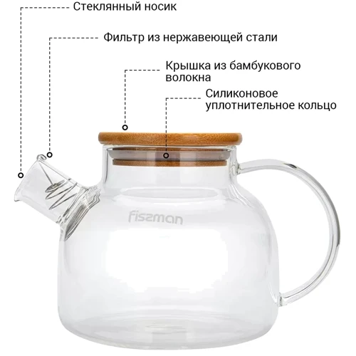 Заварочный чайник Fissman 1200 мл со стальным фильтром (6537): Материал Стекло