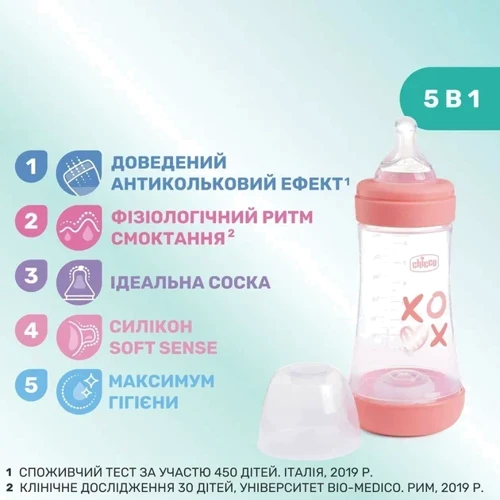 Бутылочка для кормления Chicco Perfect 5 Love с силиконовой соской 2м+ 240 мл розовая (20223.11.40) (8058664153916): Тип бутылочка для кормления