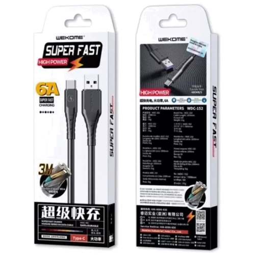 Кабель WK USB Cable to USB-C Wargod Fast 6A 1m Black (WDC-152): Тип USB Cable - USB-C