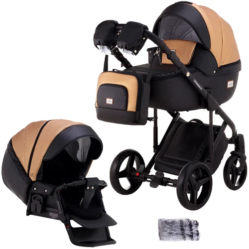 Коляска 2 в 1 Adamex Luciano кожа 100% Q254 черный — персиковый (623405)