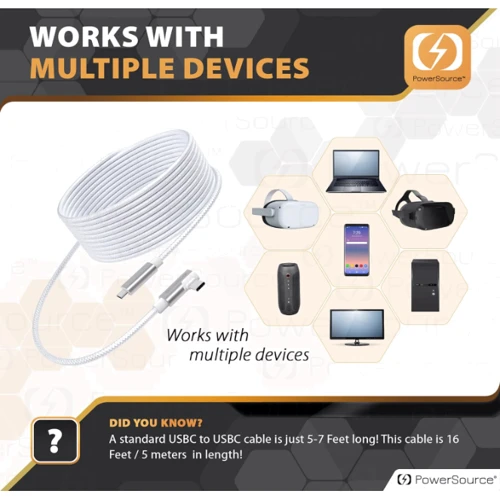 Кабель PowerSource Link USB 3.2 Type C to Type C Compatible 5m (16FT) White with Oculus Quest 2/Quest 3/Meta Quest Pro/Pico 4: Тип гаджета кабель