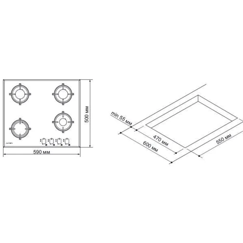 Варочная поверхность газовая Pyramida PFG 646 S WHITE: Размеры для встраивания (ШxГ) 55x47 см