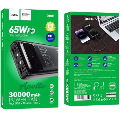 Зовнішній акумулятор Hoco Power Bank 30000mAh DB81 Apollo PD 65W Black: Кабелі / перехідники для смартфонів в комплекті Нет