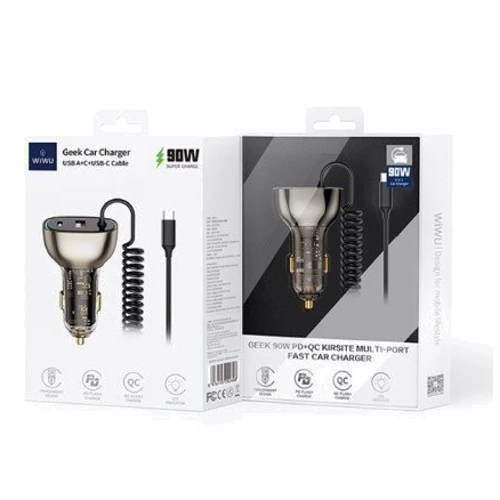 Зарядное устройство WIWU Car Charger USB+USB-C Geek Wi-QC016 90W Black with lightning cable фото 5