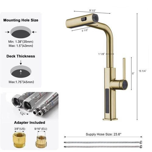 Смеситель для кухни Lefton Waterfall & Pull-Out Kitchen Faucet with Temperature Display-KF2209 Brushed Gold: Термостат Нет